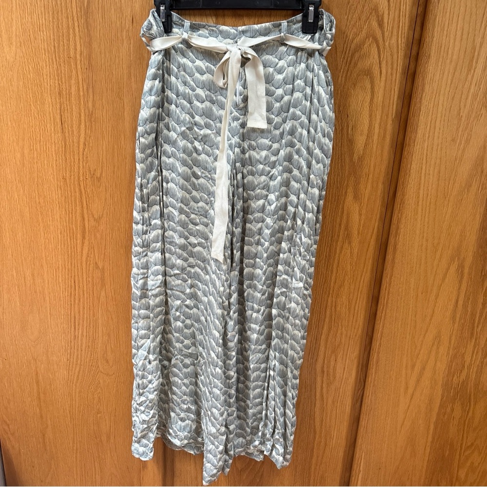 Anthropologie Elevenses Palazzo Flowy Wide Leg Pants Cream Blue Casual 12 - Picture 2 of 6